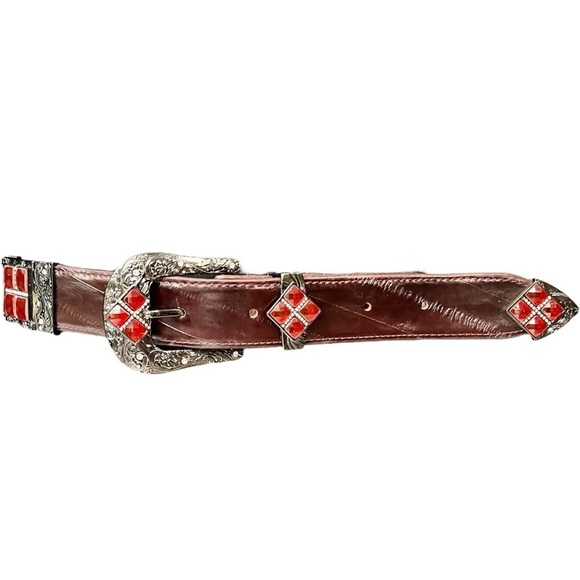 Vintage Western Burgundy Leather Belt Ornate Red Gem Rhinestone Buckle Large main image 8